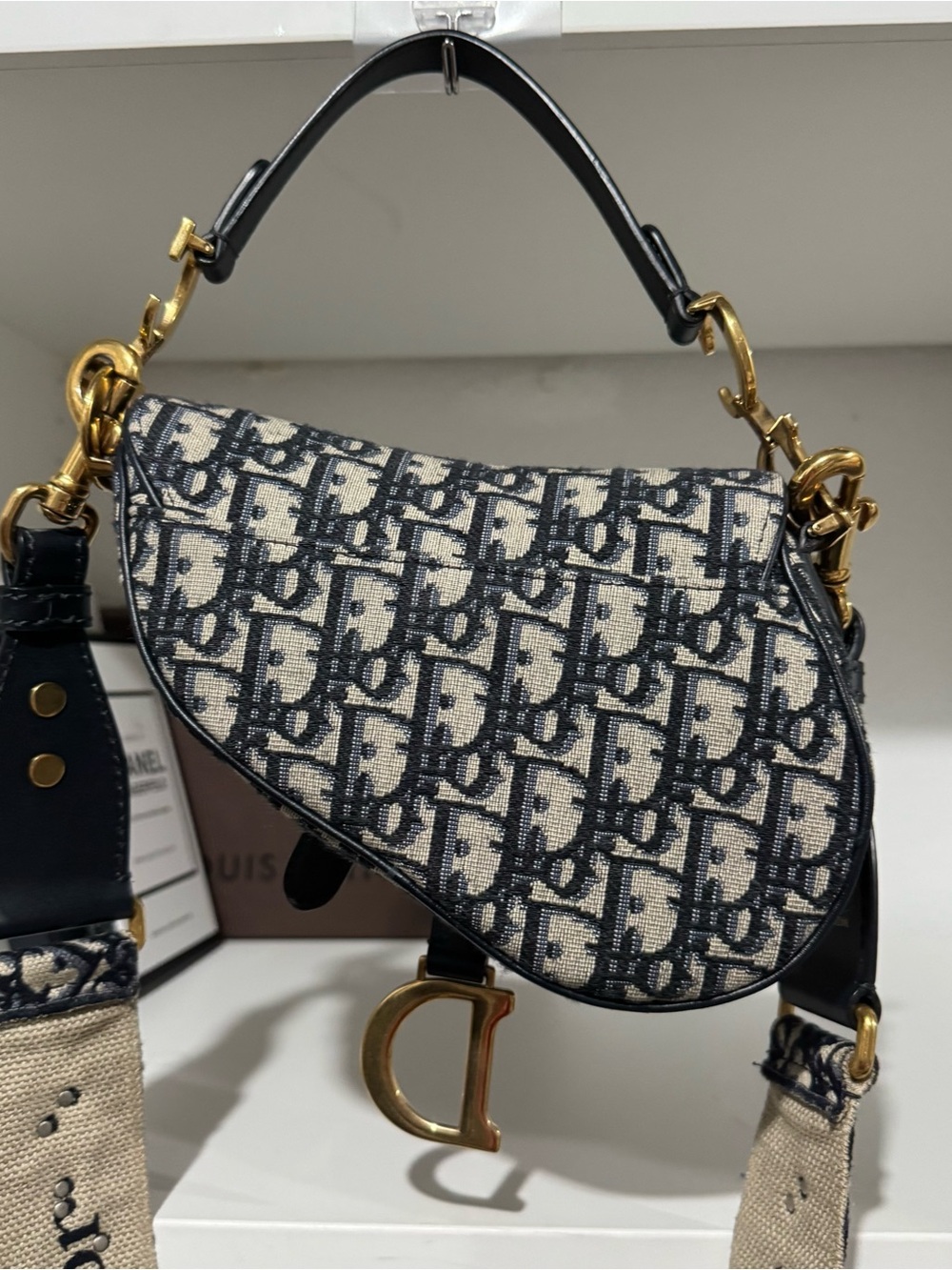 Christian Dior Blue and Beige Saddle Logo Canvas Shoulder Bag Mini with strap - Picture 4 of 7